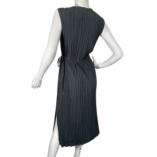 Vince slate blue dress with a flattering V-neckline and delicate pleating full backside view