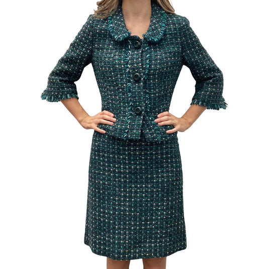 Navy and Green Wool Skirt and Blazer Set (S)