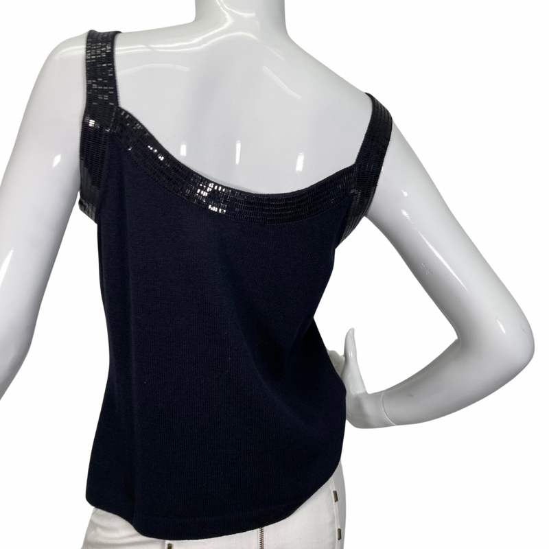 Load image into Gallery viewer, St. John Black Evening Top with Shimmery hem - backside view
