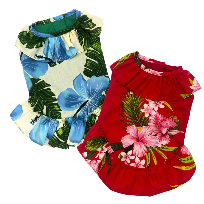 Load image into Gallery viewer, The Island Pooch Muumuu Dress for Pets in red hibiscus and blue flowers
