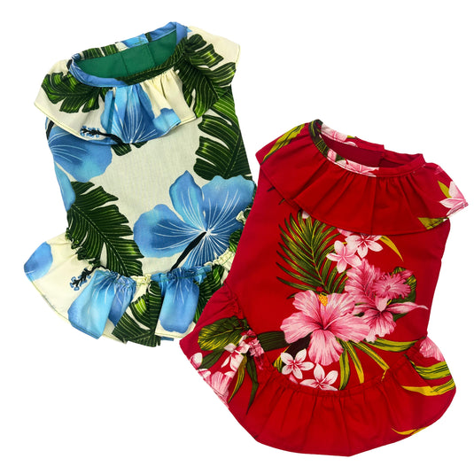 The Island Pooch Muumuu Dress for Pets in red hibiscus and blue flowers