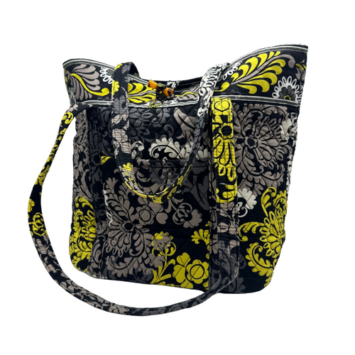 Vera Bradley Elegant Quilted Fabric Tote Bag features a sophisticated black, gray, and yellow floral pattern, making it a stylish yet functional accessory for everyday use.