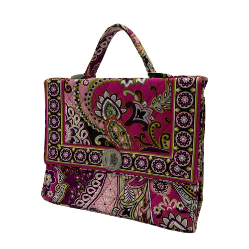 pre-loved eye-catching Vera Bradley Pink Colorful Paisley Floral Handbag. Crafted from quilted fabric, it features a lively paisley floral print in shades of pink, green, black, and white