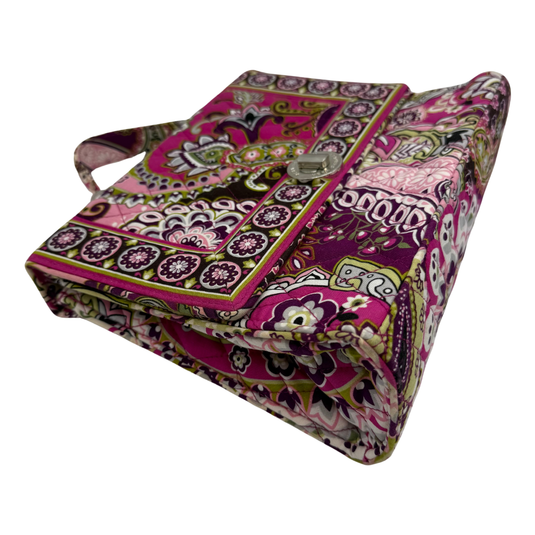 pre-loved eye-catching Vera Bradley Pink Colorful Paisley Floral Handbag. Crafted from quilted fabric, it features a lively paisley floral print in shades of pink, green, black, and white