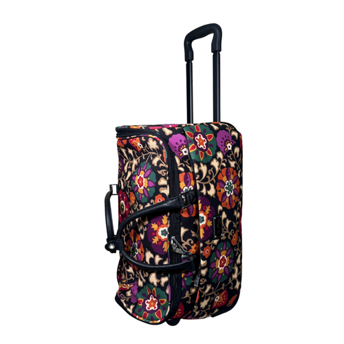 Vera Bradley Rolling Luggage Carry-on features a vibrant floral pattern on a black background, combining fashion with functionality