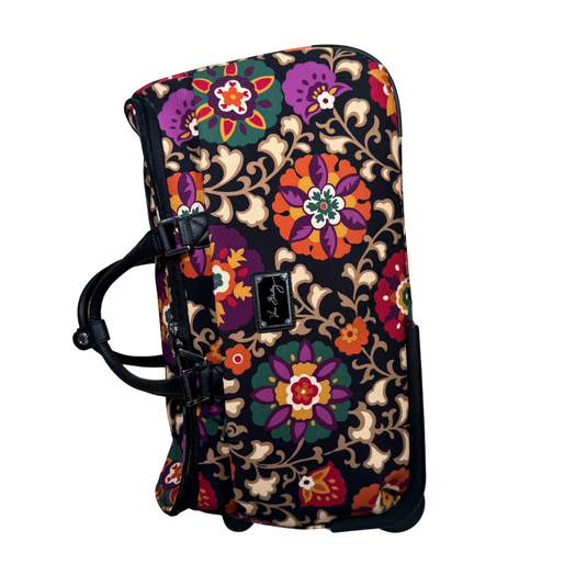 Vera Bradley Rolling Luggage Carry-on features a vibrant floral pattern on a black background, combining fashion with functionality