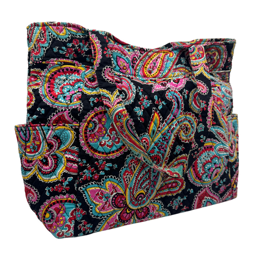 vibrant and stylish quilted fabric Vera Bradley Shoulder Bag Paisley and Floral Pattern features a stunning paisley and floral pattern in bold shades of pink, teal, yellow, and red on a black backgroun