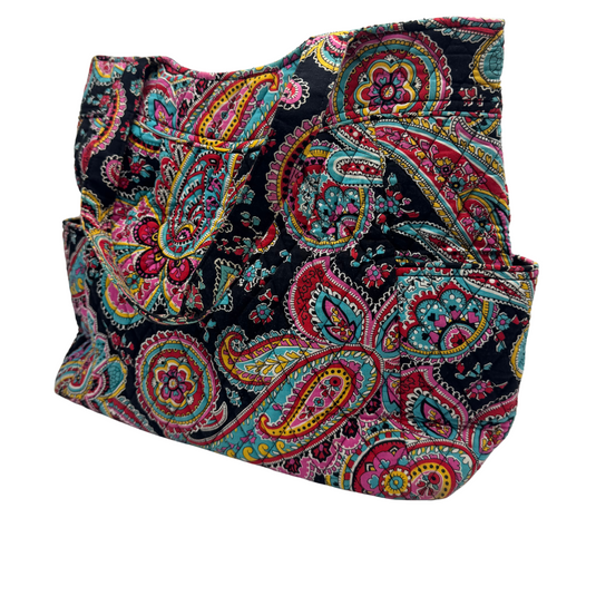 vibrant and stylish quilted fabric Vera Bradley Shoulder Bag Paisley and Floral Pattern features a stunning paisley and floral pattern in bold shades of pink, teal, yellow, and red on a black backgroun