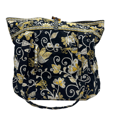 Vera Bradley Shoulder Bag with Floral Pattern in Golden and White featuring a black background adorned with an intricate floral pattern in gold, white, and beige