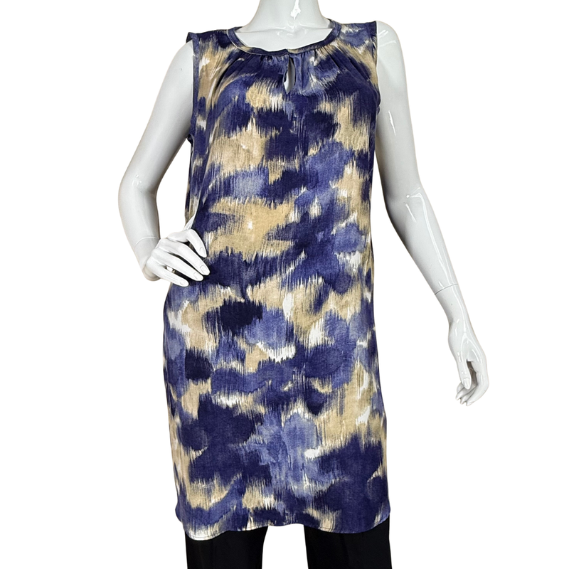 Load image into Gallery viewer, Mannequin wearing a sleeveless dress with blue and beige abstract pattern on a white background
