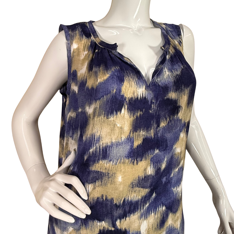 Load image into Gallery viewer, Mannequin wearing a sleeveless top with blue and gold abstract pattern on a white background
