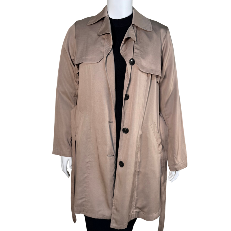 Load image into Gallery viewer, Beige trench coat on a mannequin against a white background
