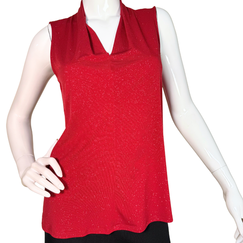 Vince Camuto Red Shimmery Top, shimmering with subtle sparkle that catches the light beautifully. Its draped cowl neckline adds a touch of elegance, making it perfect for both festive evenings and sophisticated dinners
