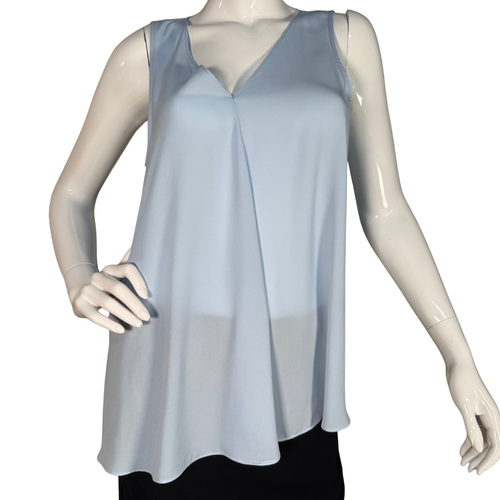 flowy Vince Camuto Sky Blue V-Neck Blouse. Designed with a soft V-neckline and graceful pleats that drape beautifully, it offers a flattering, airy fit ideal for warm days or layered office looks.