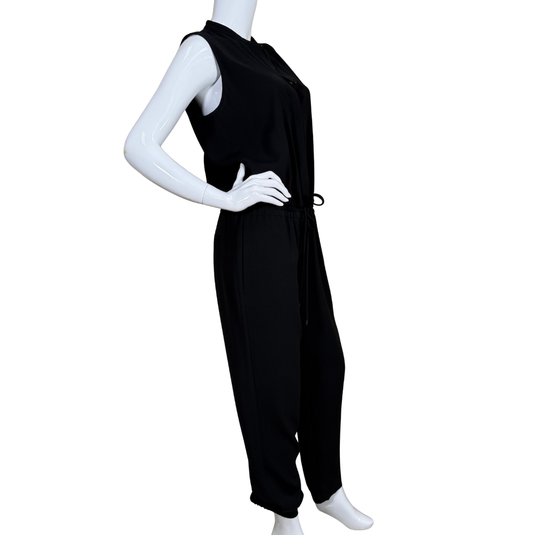 Black sleeveless jumpsuit on a mannequin against a white background