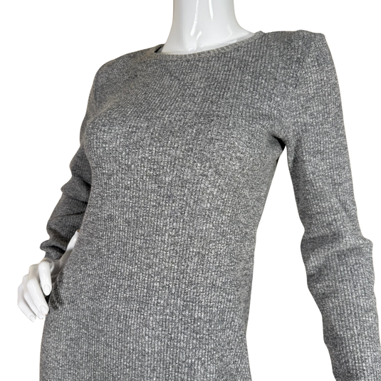 Gray textured long-sleeve top on a mannequin against a white background
