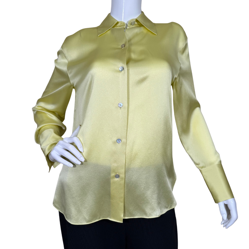 Load image into Gallery viewer, Vince Silk Golden Yellow Blouse features a luxurious satin finish that gives it a lustrous sheen, perfect for both day and evening wear

