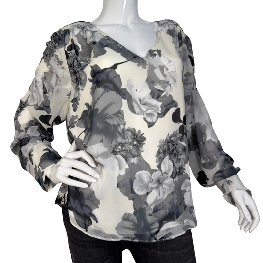 Vince White Blouse with Monochrome Florals