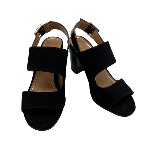 Vionic Black Tort Heel with Leopard Strap shoes are black, open-toe sandals with a block heel.