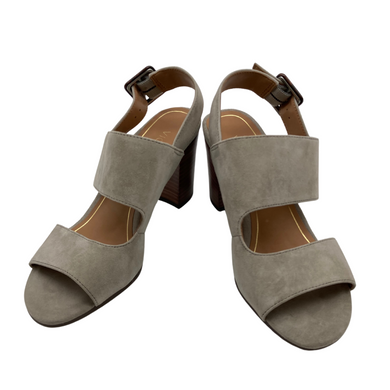 Vionic Grey Taupe Suede Sandals shoes are a pair of stylish open-toe block heel sandals in a neutral grey or taupe color