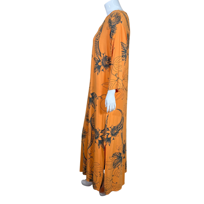 Load image into Gallery viewer, Orange dress with black floral pattern on a mannequin against a white background
