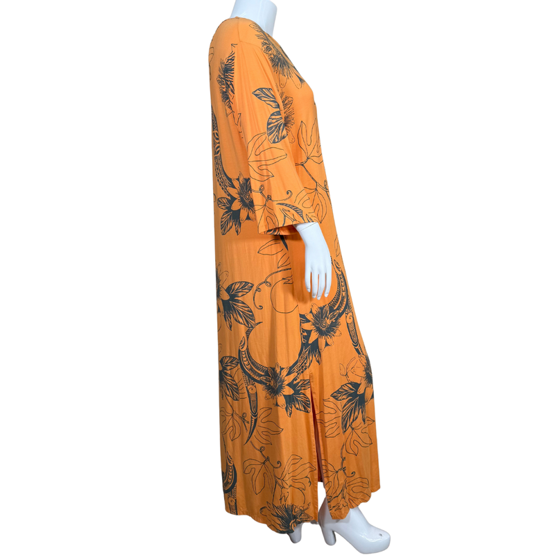 Load image into Gallery viewer, Orange dress with black floral pattern on a mannequin against a white background
