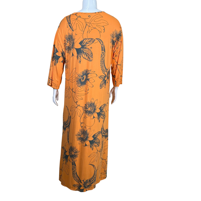 Load image into Gallery viewer, vibrant donated Wahine Toa Designs Orange Polynesian Dress with Lilikoi Flowers is adorned with an oversized tropical floral print in dark navy, creating a bold and eye-catching contrast

