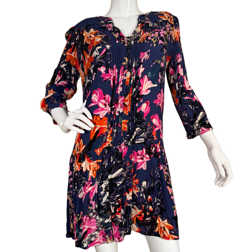 pre-loved Maeve Blue Dress with Pink and Orange Florals showcases a vibrant all-over floral print in shades of pink, orange, and white