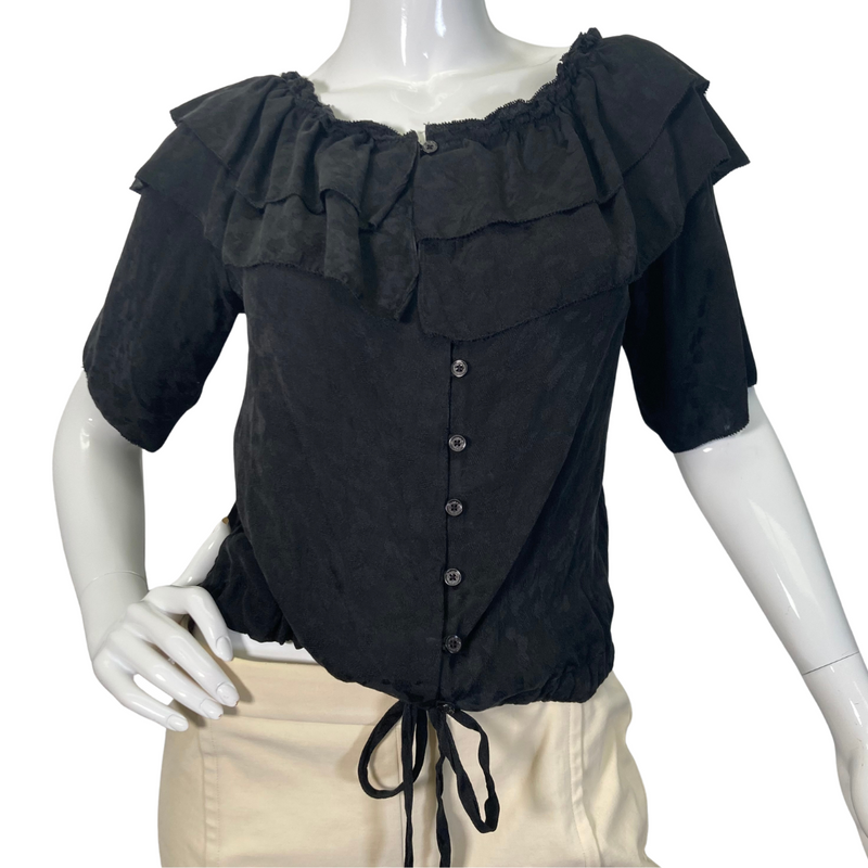 Load image into Gallery viewer, This pre-loved Zadig &amp; Voltaire Black Ruffle Blouse is a vintage-inspired short-sleeve blouse with layered ruffle details along the neckline, button-down front, and an adjustable drawstring waist for a flattering fit - front view
