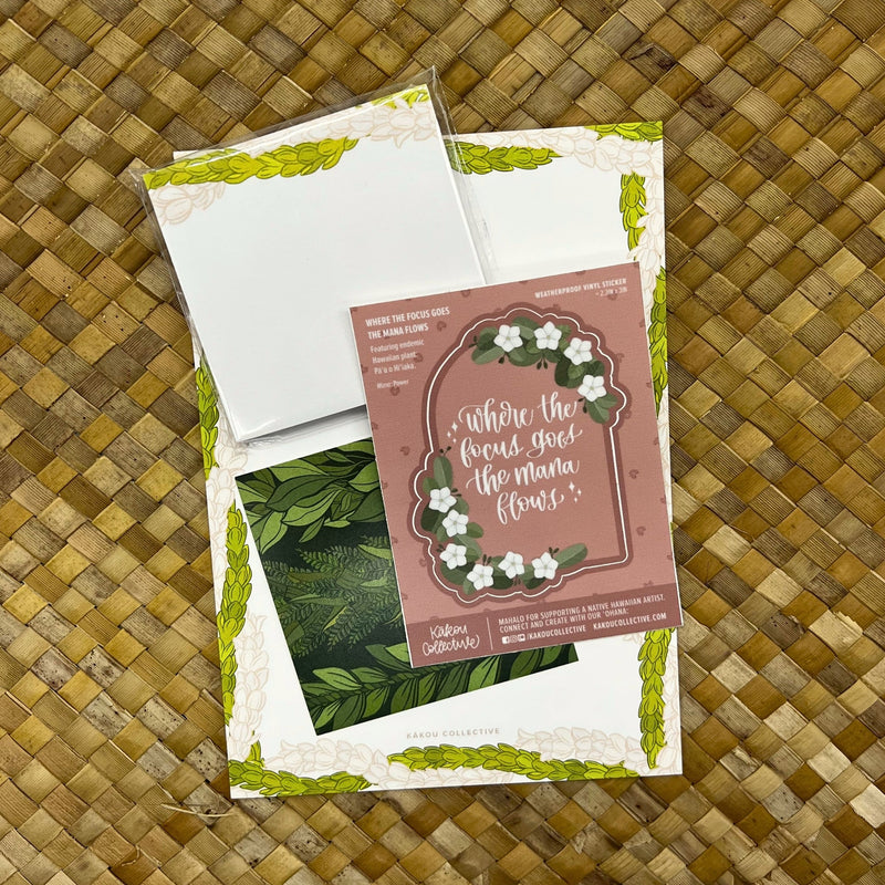 Load image into Gallery viewer, Aloha is Contagious Stationery Set - ShopYWCA. kakou collective design on green and white paper 
