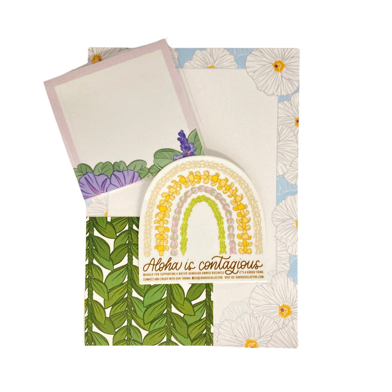 Load image into Gallery viewer, Aloha is Contagious Stationery Set - ShopYWCA. kakou collective design on blue and white paper 
