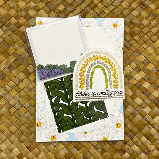 Aloha is Contagious Stationery Set - ShopYWCA. kakou collective design on blue and white paper 