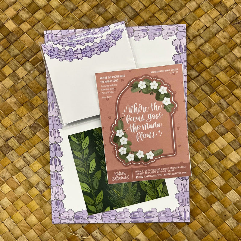 Load image into Gallery viewer, Aloha is Contagious Stationery Set - ShopYWCA. kakou collective design on purple lei paper 
