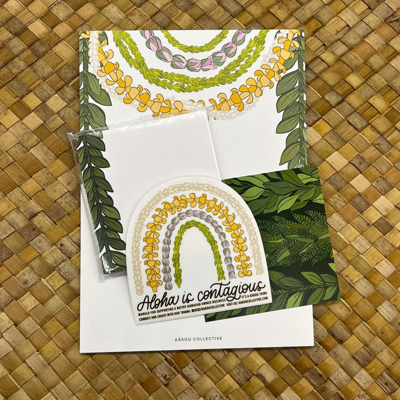 Load image into Gallery viewer, Aloha is Contagious Stationery Set - ShopYWCA. kakou collective design on lei paper 
