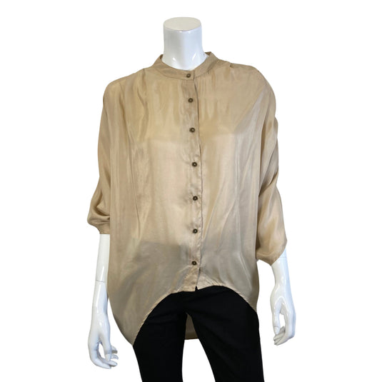 Twelfth Street by Cynthia Vincent Tan Silk Blouse on mannequin front view