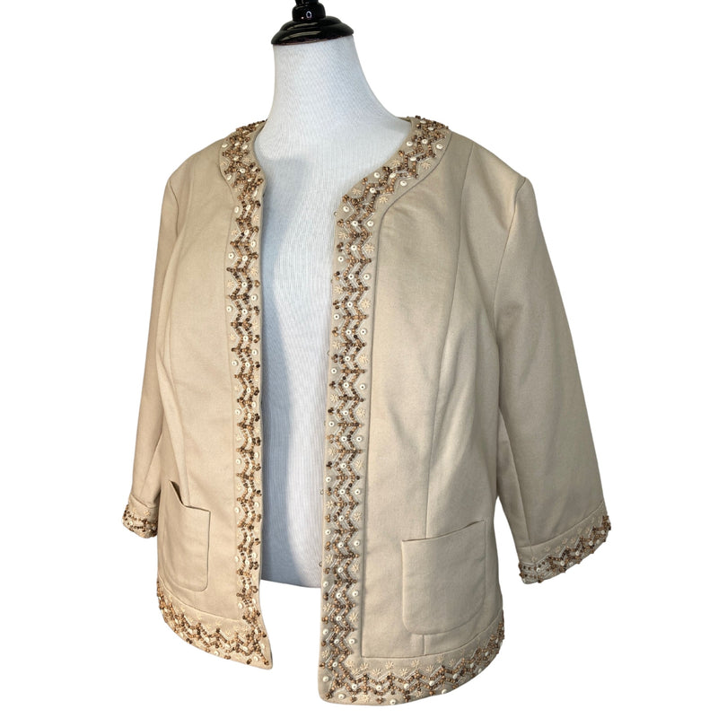 Load image into Gallery viewer, Dana Buchman Beaded Tan Jacket on mannequin front view
