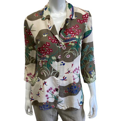 Citron Button Up Bird Blouse on mannequin front view