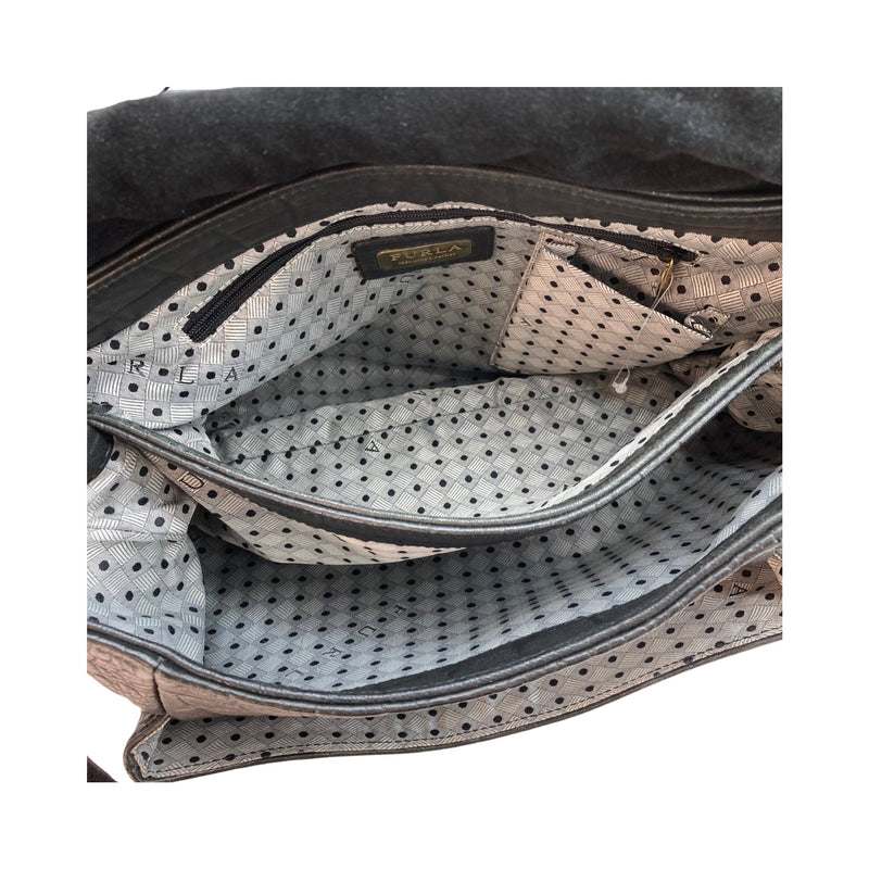 Load image into Gallery viewer, Furla Black Embossed Leather Crocodile Print Shoulder Bag inside view

