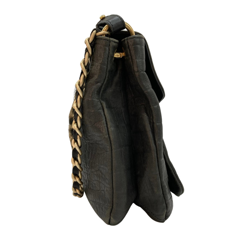 Load image into Gallery viewer, Furla Black Embossed Leather Crocodile Print Shoulder Bag side view
