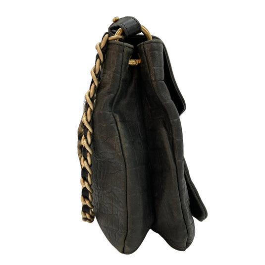 Furla Black Embossed Leather Crocodile Print Shoulder Bag side view