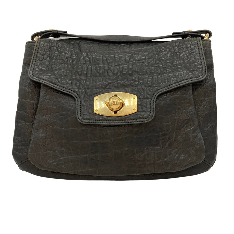 Load image into Gallery viewer, Furla Black Embossed Leather Crocodile Print Shoulder Bag  front view
