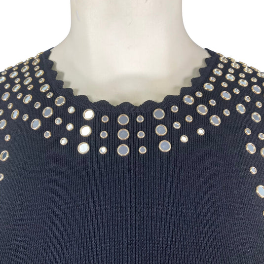 Sandro Black Scallop Dress on mannequin up close view