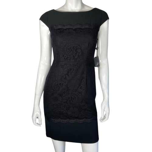 Adrianna Papell Black Lace Sheath Dress on mannequin front view