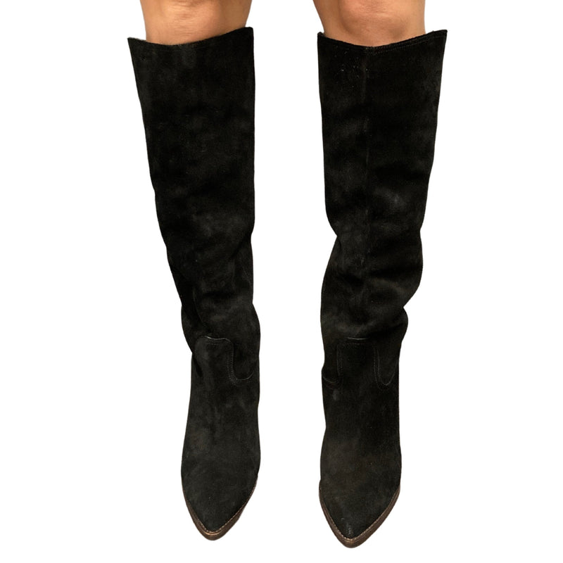 Load image into Gallery viewer, Sam Edelman Black Suede Knee High Boots on model front view
