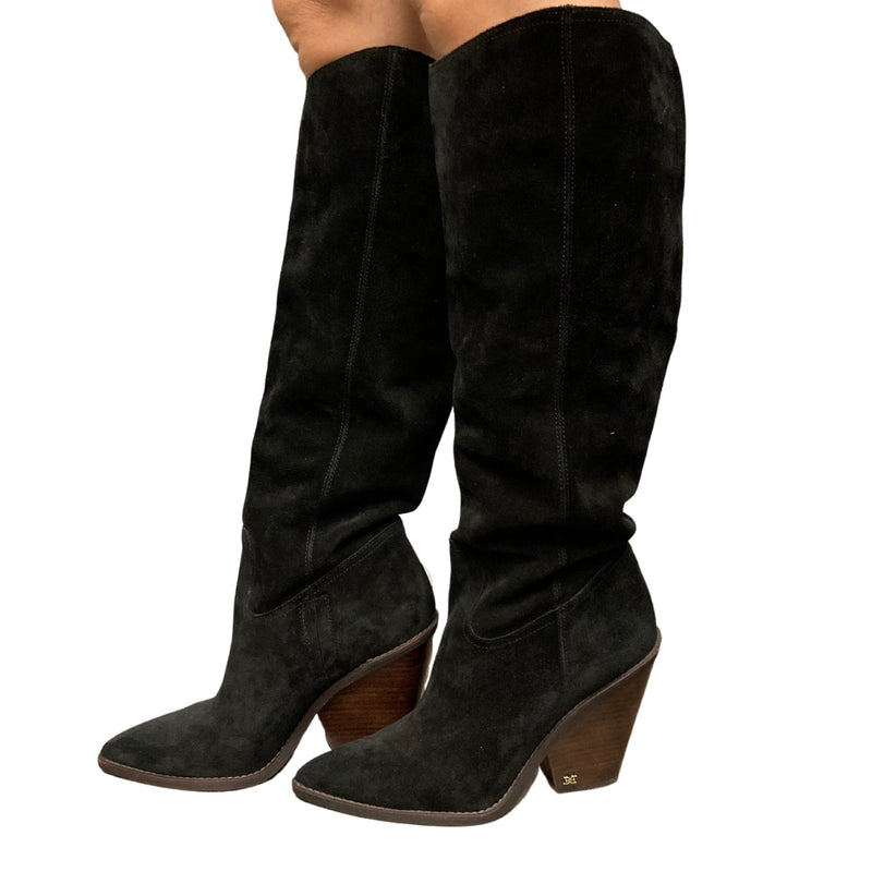 Load image into Gallery viewer, Sam Edelman Black Suede Knee High Boots on model  side view
