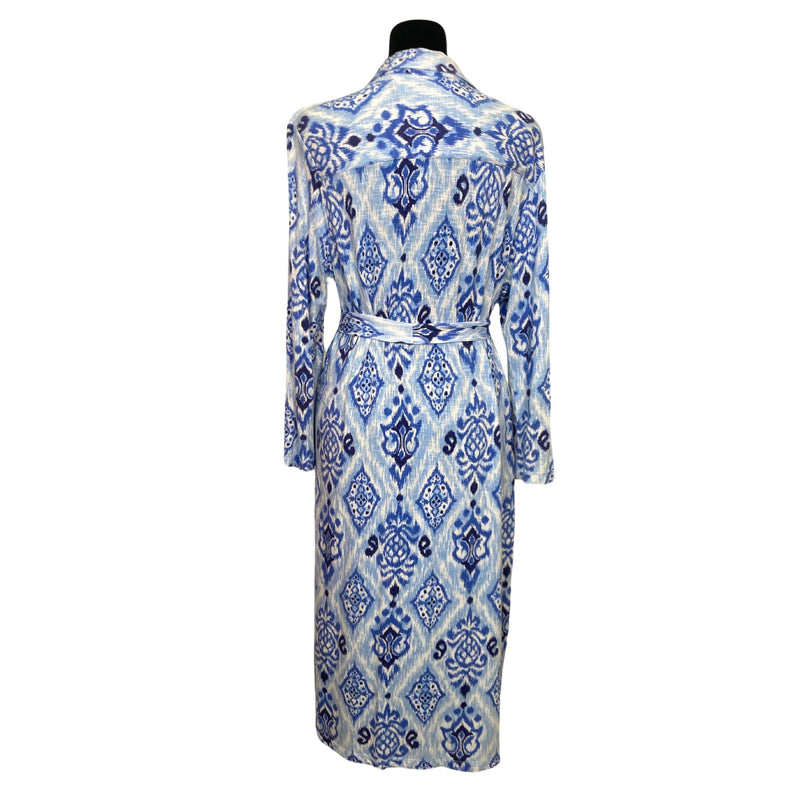 Load image into Gallery viewer, Tori Richard Blue Ikat Belted Dress back view
