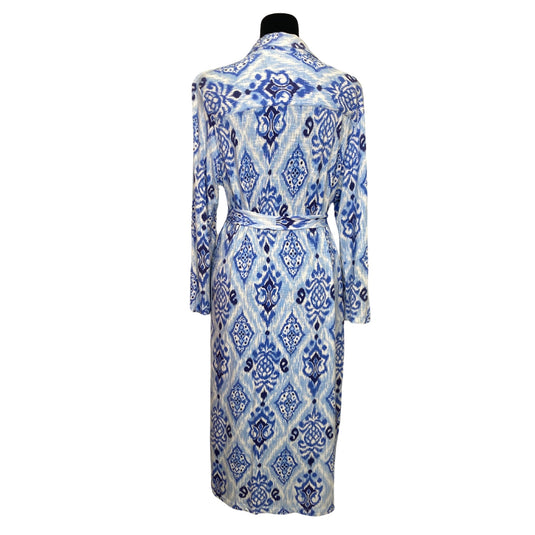 Tori Richard Blue Ikat Belted Dress back view