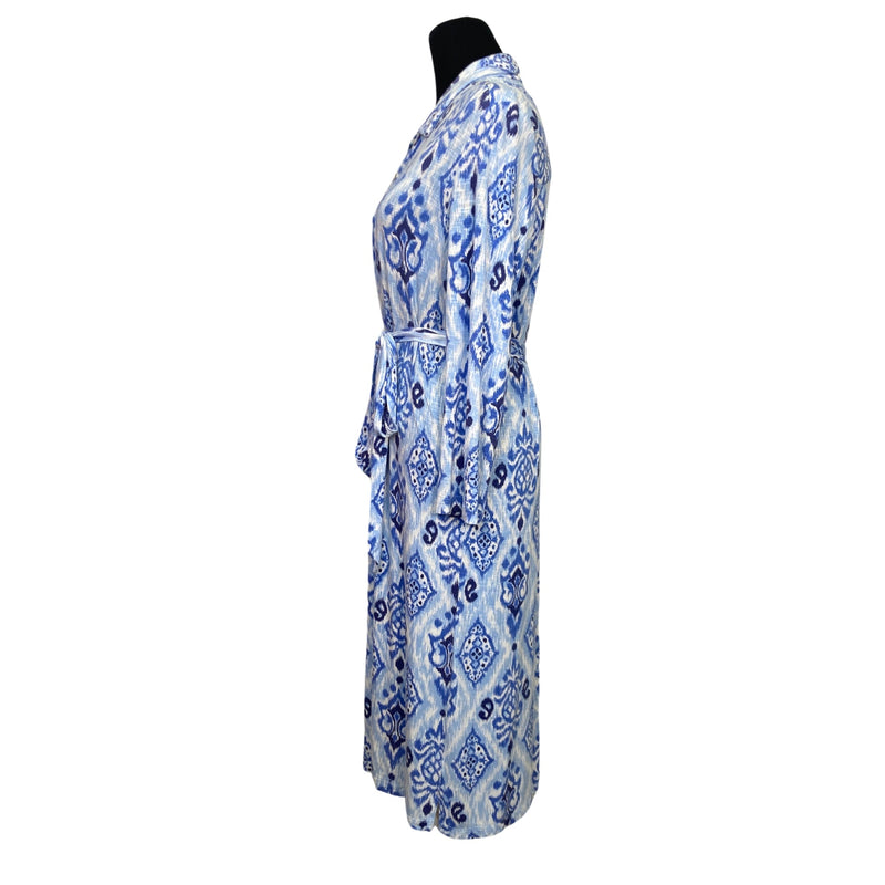 Load image into Gallery viewer, Tori Richard Blue Ikat Belted Dress side view
