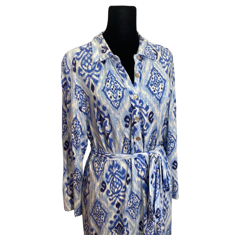 Load image into Gallery viewer, Tori Richard Blue Ikat Belted Dress close up view
