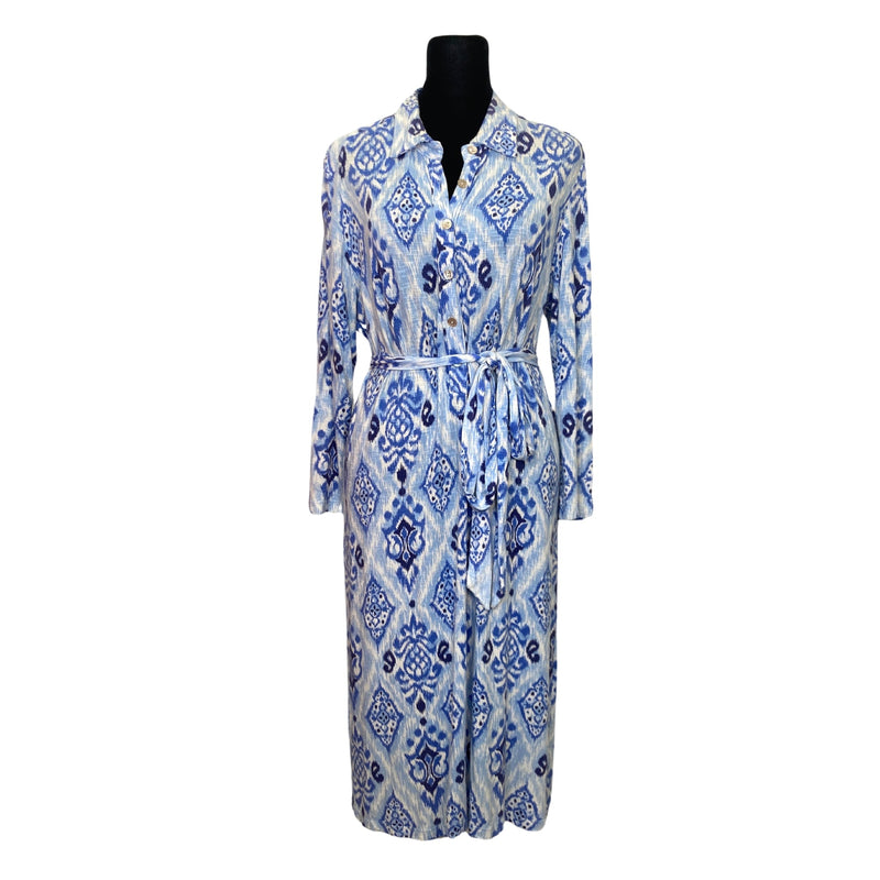 Load image into Gallery viewer, Tori Richard Blue Ikat Belted Dress front view
